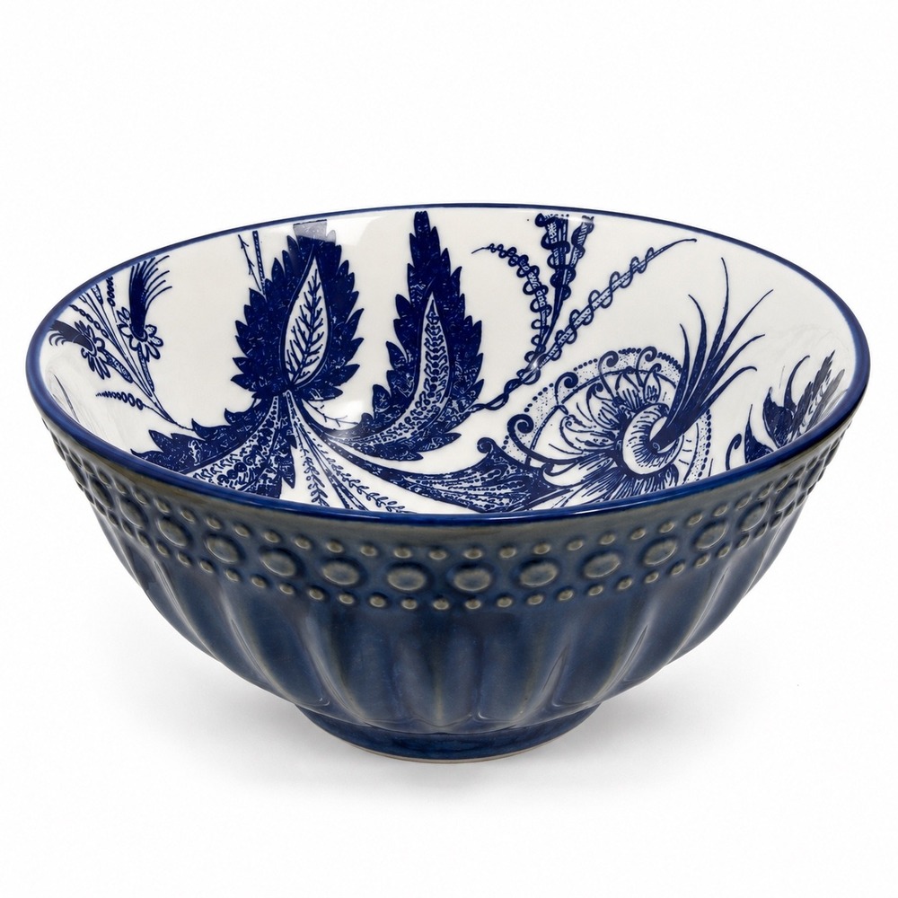 Ooh La La by BIA Blue White Floral Paisley Ceramic Fluted Bowl 6 inch
